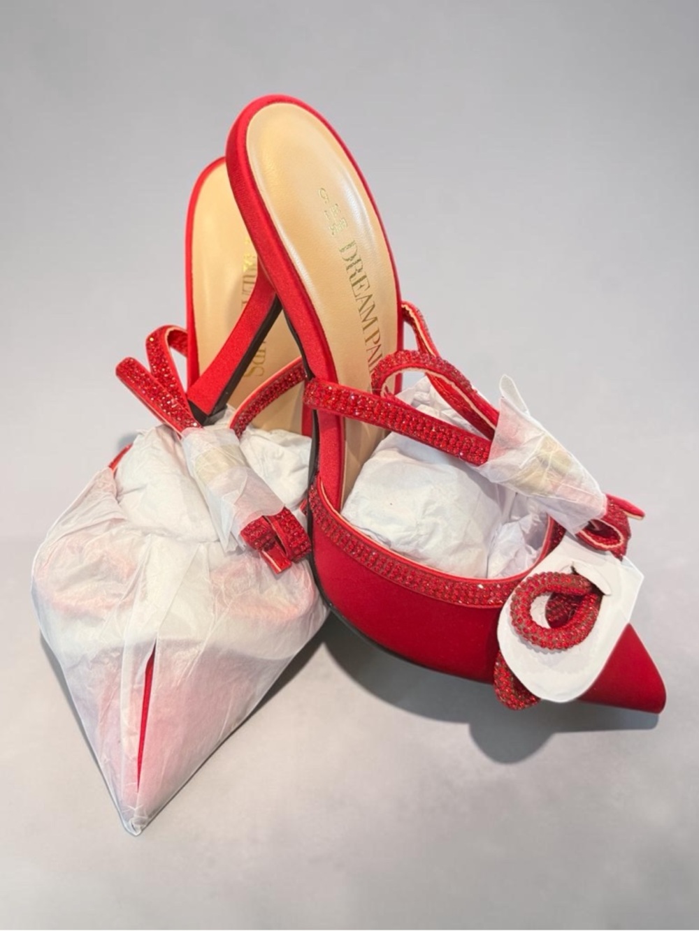 Dream Pairs Red Pointed Slingback Mules with Bow & Crystal Trim